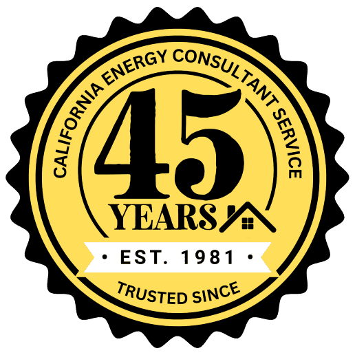 California Energy Consultant Service 45 years anniversary badge, established 1981, trusted since seal
